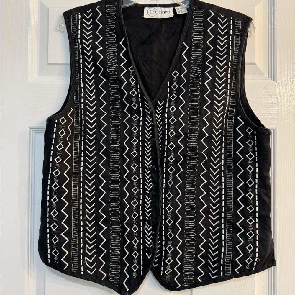 Vintage 100% Linen Black and White Embroidered Vest